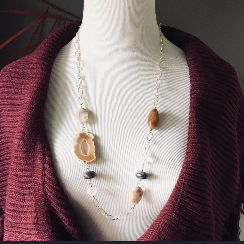 Chunky Natural Agate‎ Slice Bead Necklace Sterling Silver Chain